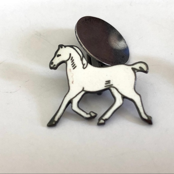 Jewelry Vintage Balfour Silver Metal White Enamel Horse Equestrian